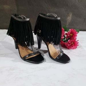 Gianni Bini Black T-Strap fringe stiletto heels